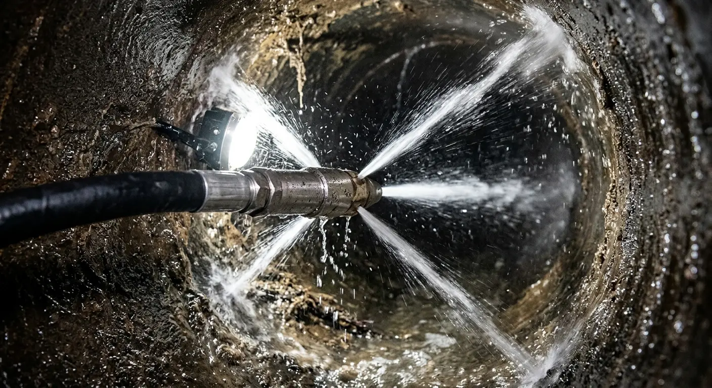 High-pressure hydro jetting nozzle cleaning sewer pipe for Trenchless Sewer Repair in Exeter