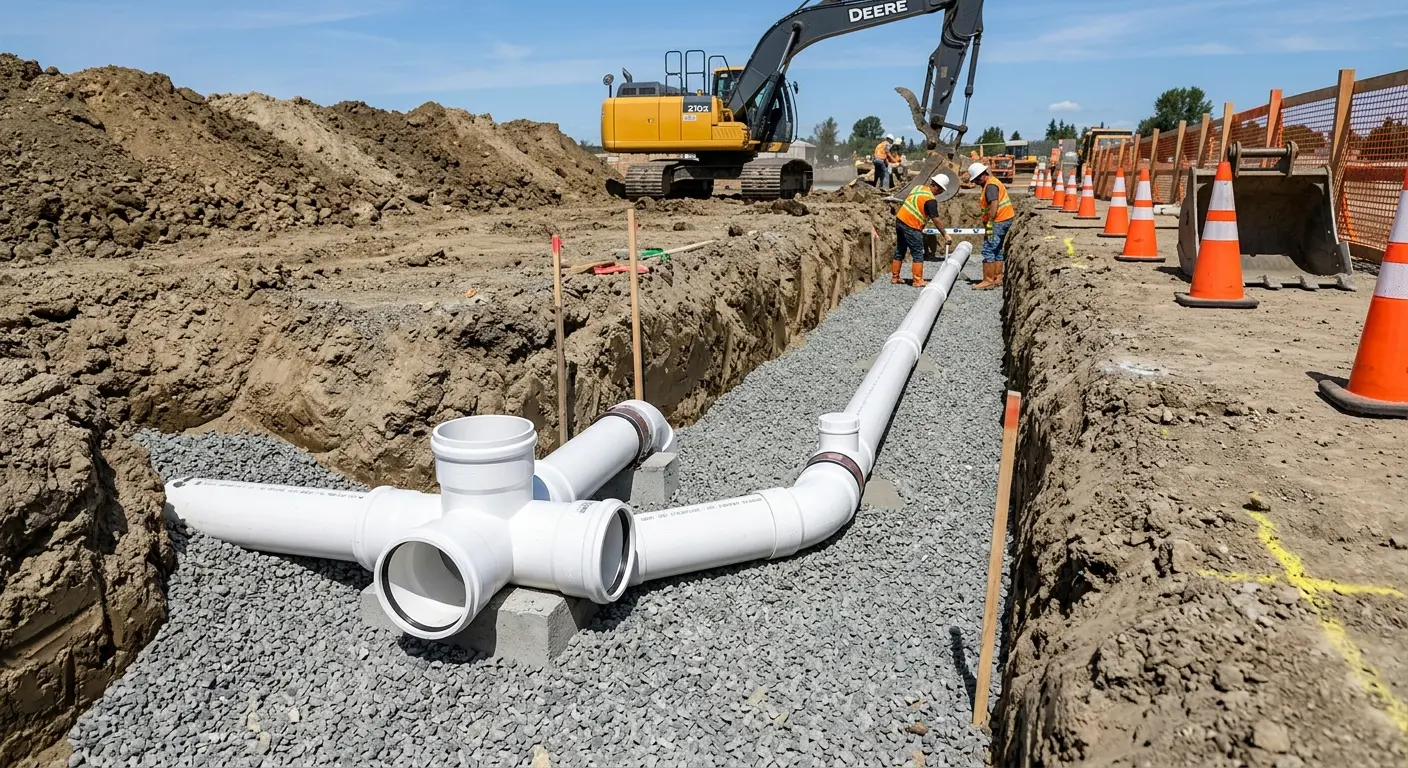 New PVC sewer pipe installation in open trench for Commercial Drain Cleaning in Exeter