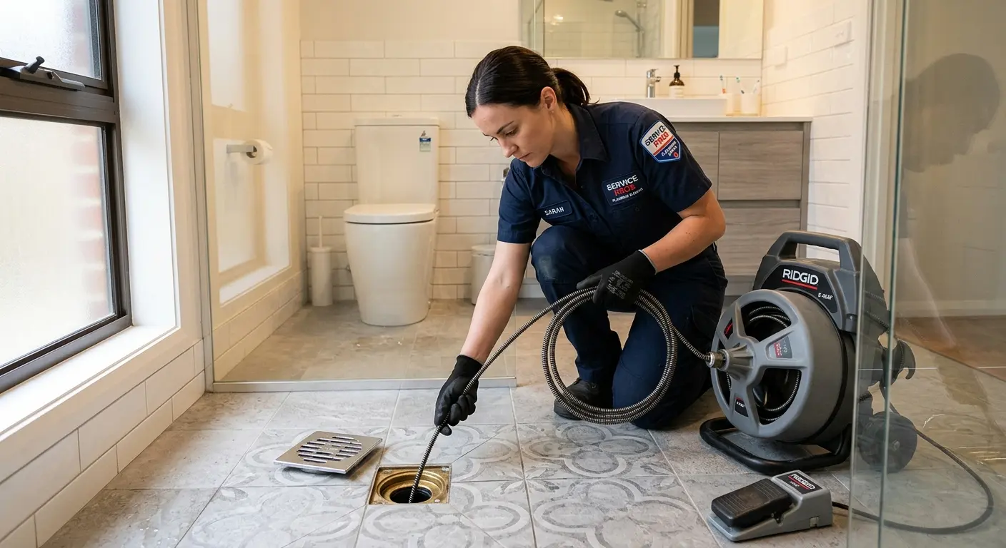 Technician clearing a bathroom floor drain for Sewer Line Replacement in Exeter